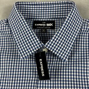 NWT Express Mens 1MX Slim Fit Gingham Dress Shirt Blue Stretch Cotton Size M
